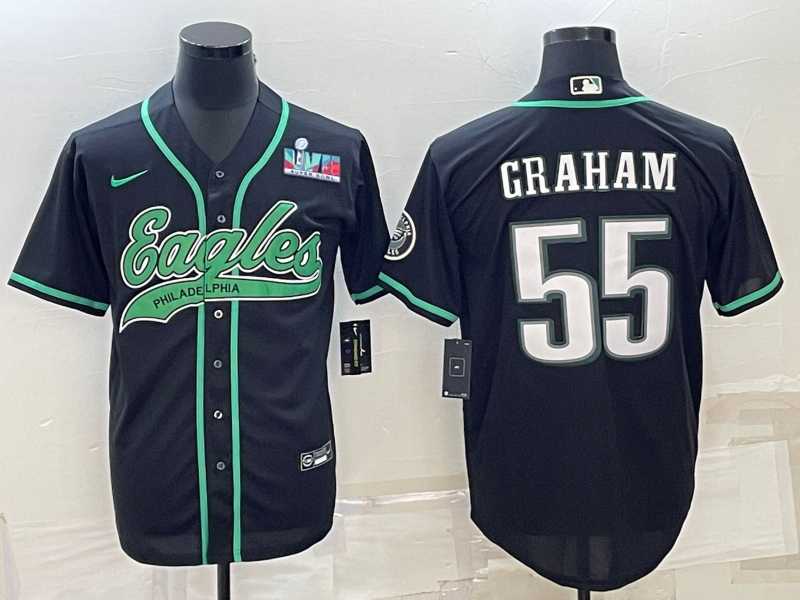 Mens Philadelphia Eagles #55 Brandon Graham Black With Super Bowl LVII Patch Cool Base Stitched Baseball Jersey